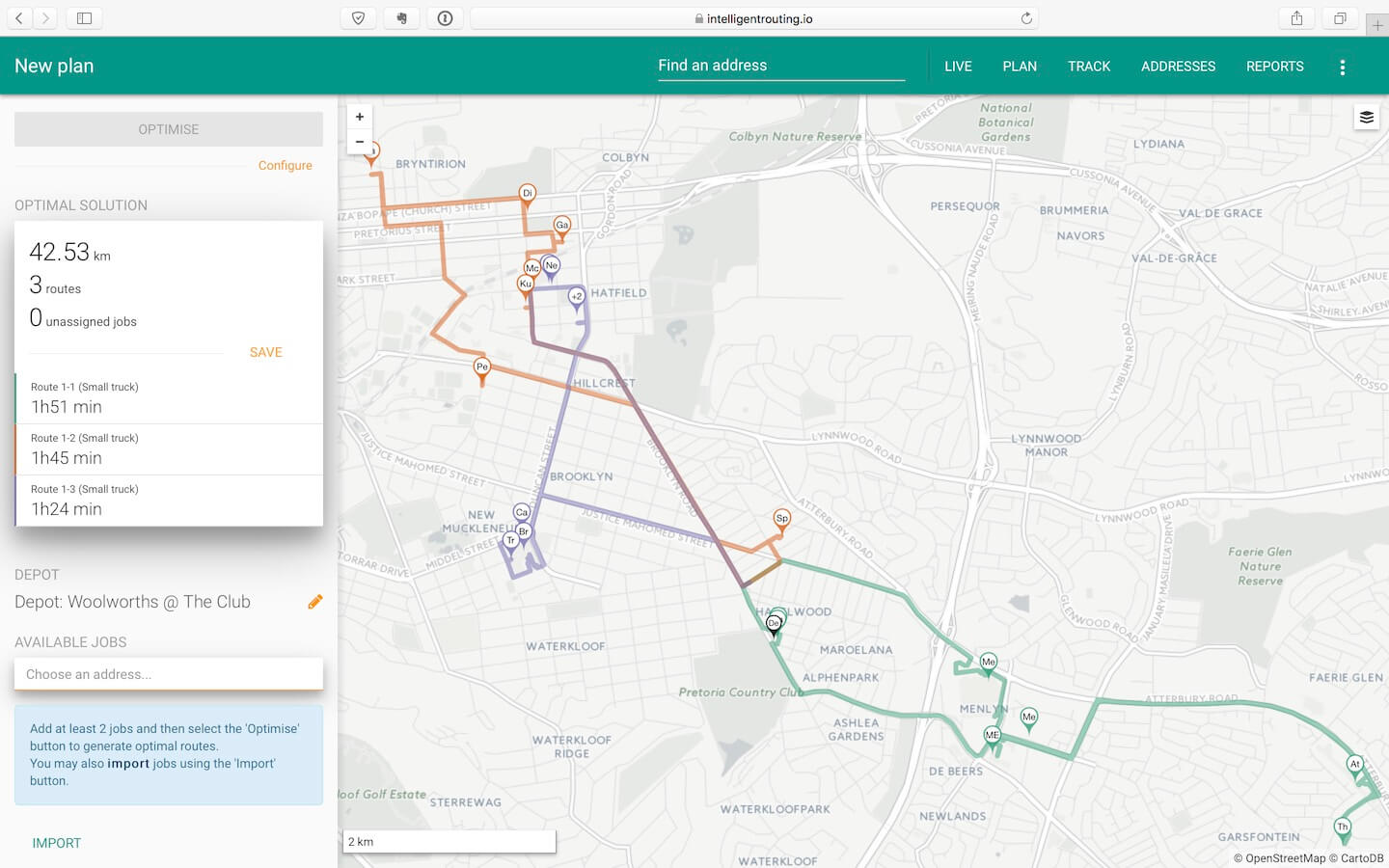 Route planning dashboard showing optimised delivery routes